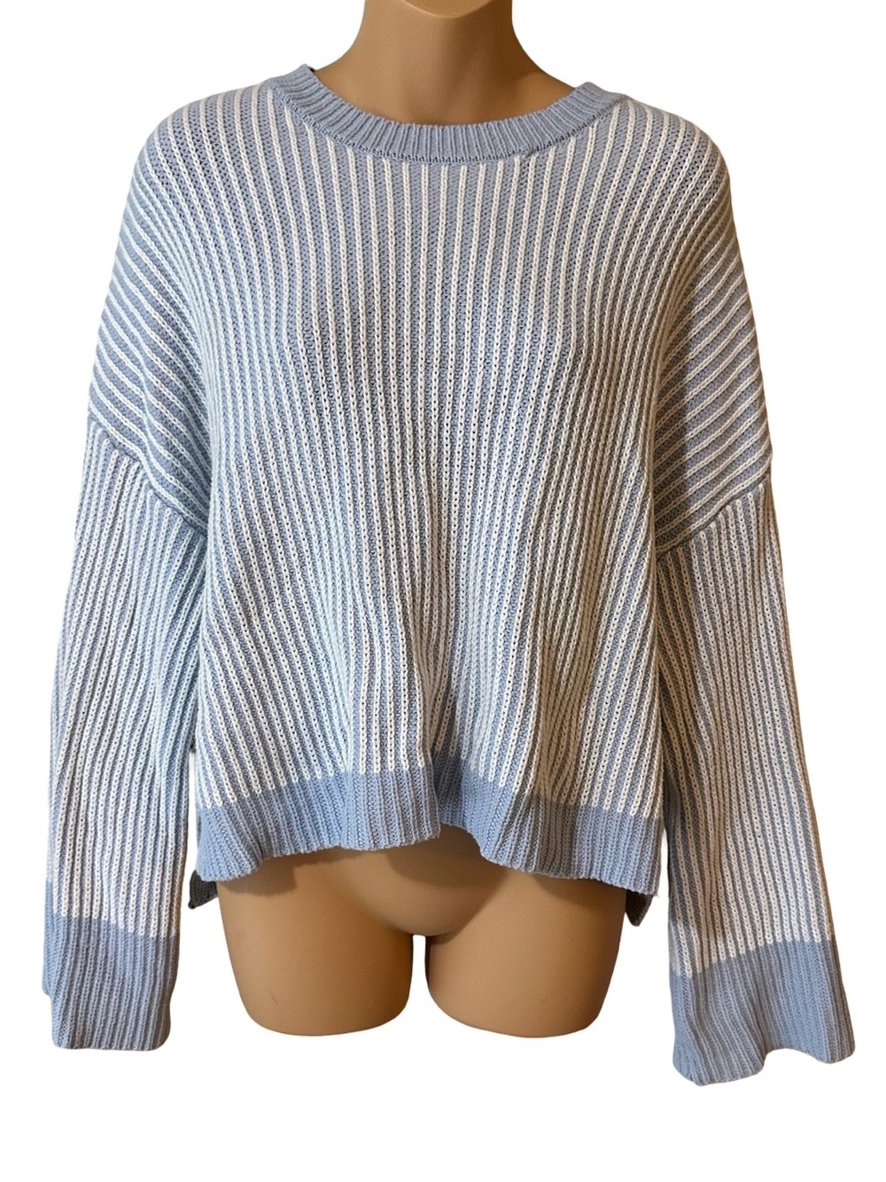 Sincerely Jules Crop Stripe Fisherman Ribbed Knit Bell Sleeve Sweater S